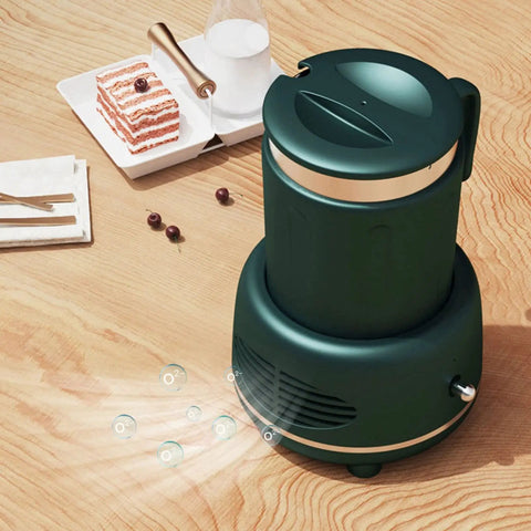 Dual Mode Electric Mug Warmer And Cooler Keeps Your Coffee Ice Cold Or Piping Hot Desktop Aluminum Heater Chiller Usb Powered Non Slip Mat For Daily Grind Green on wooden table with dessert.