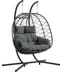 Two Person Foldable Hanging Egg Chair With Stand For Indoor Outdoor Use Wicker Porch Swing Chair Heavy Duty Rattan Hammock Loveseat With Cushions For Bedroom Garden Balcony Patio 650 Lbs Cozy Vibes, front view.