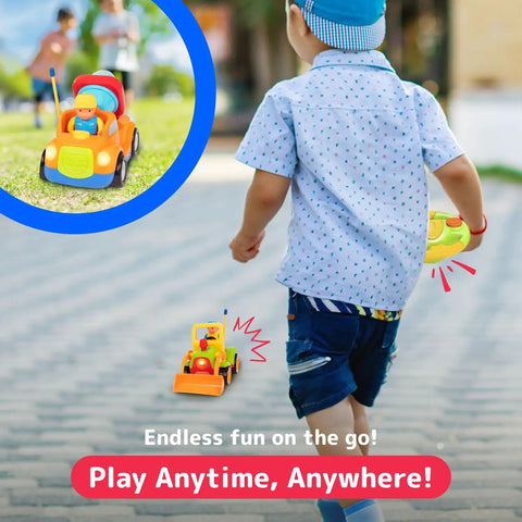 Child playing with Two Pack Remote Control Cars For Toddlers, Truck And Tractor RC Toys With Easy Controllers in a park.