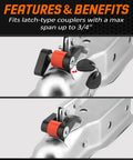 Heavy Duty Trailer Coupler Lock Featuring A Rust Proof Steel Build And One Quarter Inch Diameter Shank mounted on latch-type couplers.