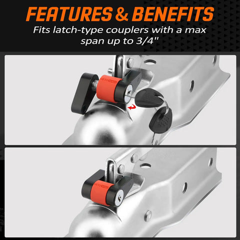 Heavy Duty Trailer Coupler Lock Featuring A Rust Proof Steel Build And One Quarter Inch Diameter Shank mounted on latch-type couplers.