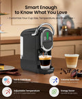 Mini Espresso Machine With All In One Pod Adapters For Nespresso Original Dolce Gusto Lavazza Blue ESE Pods And Ground Coffee No Fuss 19 Bar Pressure Adjustable Temperature And Cup Size Compact Coffee Maker With 21oz Reservoir placed on kitchen counter brewing coffee