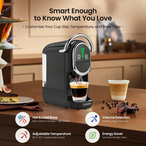 Mini Espresso Machine With All In One Pod Adapters For Nespresso Original Dolce Gusto Lavazza Blue ESE Pods And Ground Coffee No Fuss 19 Bar Pressure Adjustable Temperature And Cup Size Compact Coffee Maker With 21oz Reservoir placed on kitchen counter brewing coffee