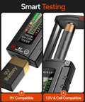 Universal Battery Tester With Clear LCD Readout No Battery Needed For AA AAA C D 9V And Button Cells Quick 18 Level Power Check For Household Devices And Rechargers, 9V and 1.5V cell display