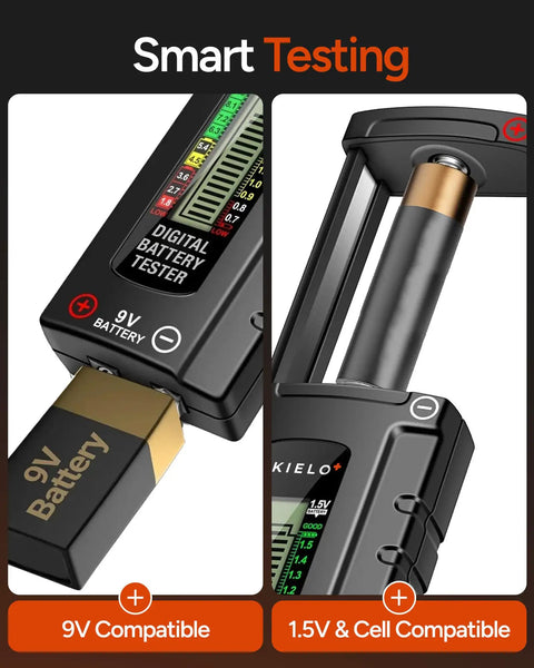 Universal Battery Tester With Clear LCD Readout No Battery Needed For AA AAA C D 9V And Button Cells Quick 18 Level Power Check For Household Devices And Rechargers, 9V and 1.5V cell display