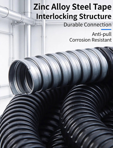 Wicked Tough PVC Coated Liquid Tight Flexible Metal Conduit with Galvanized Steel Core, interlocking structure for durability.