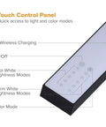 Touch control panel on dimmable black desk lamp with wireless charging pad and dual USB ports, triangle shape task light.