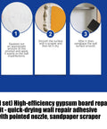 Diagram showing steps for using 2-pack Wall Repair Kit: apply putty, smooth with scraper, sand with sandpaper for finish.