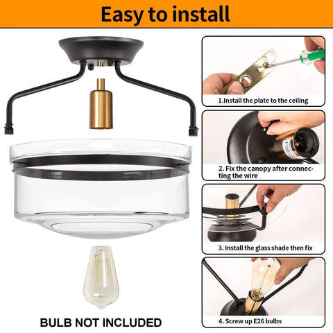 Dope Semi Flush Mount Ceiling Light For Porch Hallway Kitchen Bathroom And Living Room Black Fixture With Clear Glass Shade installation guide