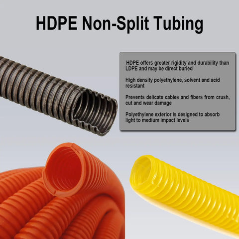 Durable HDPE Non-Split Corrugated Wire Loom Tubing In Red 1 Inch Diameter By 100 Feet with sample tubes in black and yellow