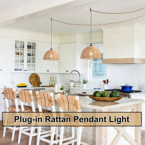 2 Pack Rattan Plug In Pendant Lights With On Off Switch Vintage Farmhouse Hand Woven Bamboo Dome Lighting in kitchen