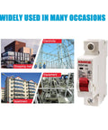 One-Pole 2A Miniature Circuit Breaker For Home Circuits, beside images of applications in shopping mall, electricity, apartment, equipment