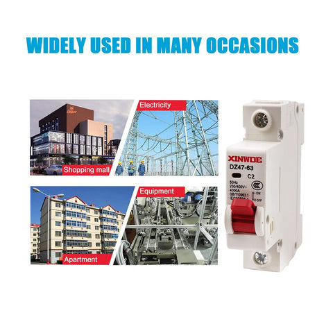 One-Pole 2A Miniature Circuit Breaker For Home Circuits, beside images of applications in shopping mall, electricity, apartment, equipment