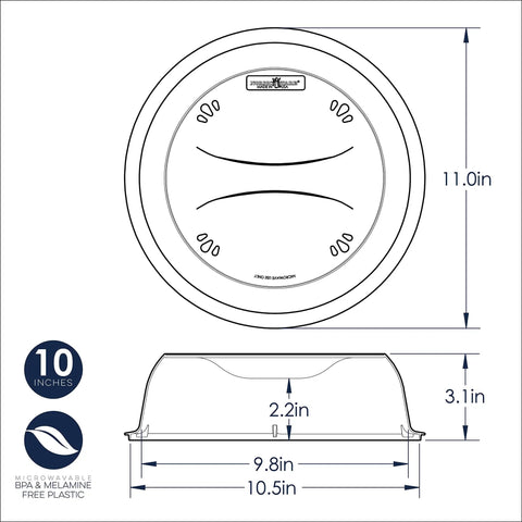 Diagram of 10 Inch Plate Cover Dome Shield For Mess Free Cooking with dimensions and BPA-free icon