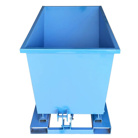 Heavy Duty Self Dumping Hopper Forklift Attachment For No Hassle Site Cleanup And Bulk Material Haul 520 Liter trash bin, blue color, front view.