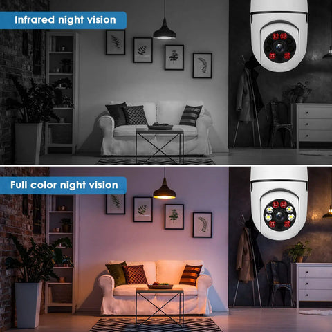 Wireless Security Camera With 5GHz And 2.4GHz WiFi HD Live View E27 Socket Spotlight shown in infrared and color night vision modes.