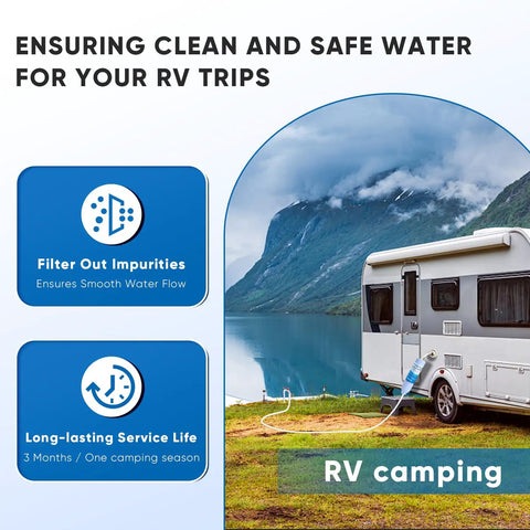 Slick Rv Water Filter System For Garden Pool Spa Camper Marine Boat Hose Cuts Chlorine And Heavy Metals For Hella Crisp Drinking Water No Sweat Car Washing Clean 2 Pack, RV camping by a lake with filter attached.