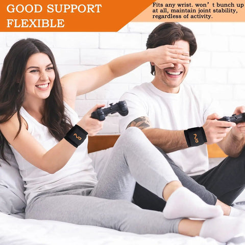 Couple wearing 2 Pack Adjustable Wrist Support Brace For Carpal Tunnel Relief while playing video games on a couch
