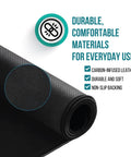 Close-up of black carbon-infused vegan leather Grounding Mat For Feet And Desk Earthing Pad Kit For Sleep Better Rest Pain Relief Earth Ground Therapy Chill Wellness Mats For Bed Desk Chair Yoga Health And Sleep Support with durable material.