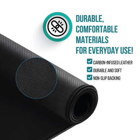 Close-up of black carbon-infused vegan leather Grounding Mat For Feet And Desk Earthing Pad Kit For Sleep Better Rest Pain Relief Earth Ground Therapy Chill Wellness Mats For Bed Desk Chair Yoga Health And Sleep Support with durable material.