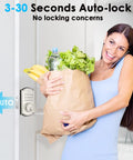 Woman using Keyless Entry Smart Lock With Bluetooth App Control And Keypad, Digital Deadbolt For Front Door, groceries in hand.