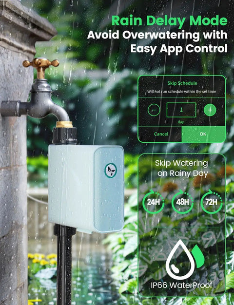 Smart WiFi Water Timer For Garden Hose Faucet Solar Powered 365 Days Uninterrupted Power Outdoor Sprinkler Timer Programmable With WiFi Hub Type C 5W 6000mAh Portable Solar Panels installed on outdoor faucet in rain mode