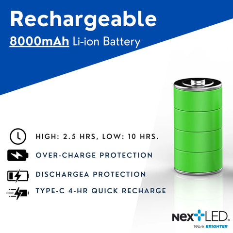 Image of 8000mAh Li-ion battery with recharge time info for Underhood Work Light with 2000 Lumen LED Power.