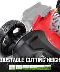 Close-up of adjustable wheel on Gas Push Lawn Mower With 21 Inch Deck, 144cc 4 Cycle OHV Engine, 6 position height adjustment