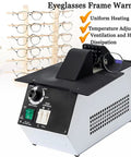 Pro Level Badass Eyeglass Frame Heater Featuring 1500W Digital Display Hot And Cold Air Switch For Quick Optical Adjustments And Precision Fine Work on a workbench with eyeglasses.