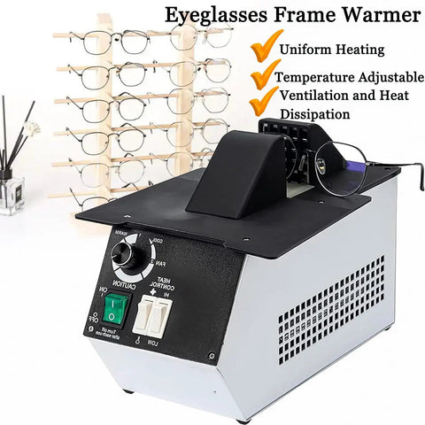 Pro Level Badass Eyeglass Frame Heater Featuring 1500W Digital Display Hot And Cold Air Switch For Quick Optical Adjustments And Precision Fine Work on a workbench with eyeglasses.