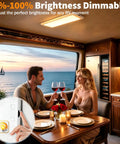 Couple dining under 4 Pack Interior RV Lights LED Dome Ceiling Fixtures 12V Dimmable On Off Switch 3 Color Temperatures setup