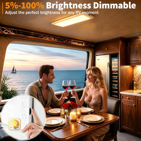 Couple dining under 4 Pack Interior RV Lights LED Dome Ceiling Fixtures 12V Dimmable On Off Switch 3 Color Temperatures setup