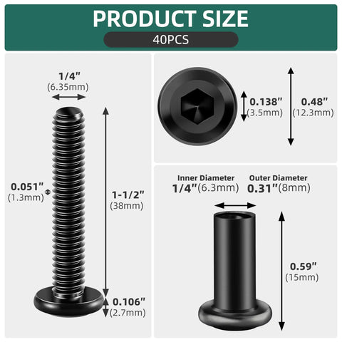 40-piece socket head cap screw and barrel nut kit showing detailed dimensions and measurements for secure furniture assembly.