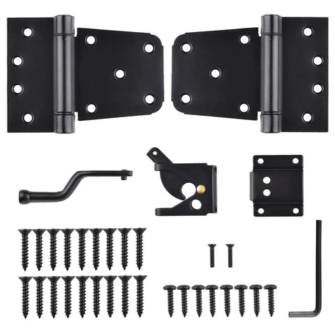 Self-Closing Heavy Duty Gate Hardware Kit With Self-Locking Latch And 2-Pack Adjustable Spring Hinges, square barn style
