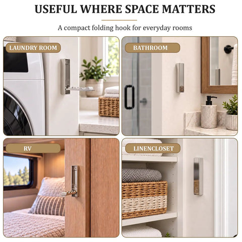 Top Shelf Fold Down Wall Hooks For Heavy Jackets And Keys Set Of Four Brushed Silver Zinc Alloy Rectangular Rack For Entryway Mudroom Slim Space Saver No Sweat Setup in various room settings.