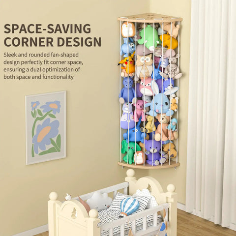 Wood Corner Stuffed Animal Storage Organizer With Star Pattern Adjustable Hanging Toy Shelf for Nursery with plush toys displayed.