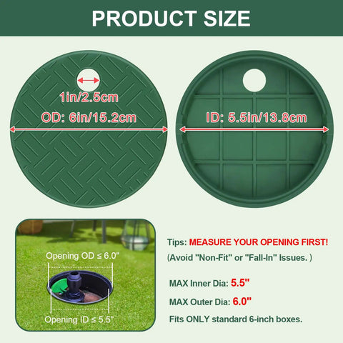2 Pack Quick Fit Round Sprinkler Valve Box Cover Fits 5.5 Inch ID And 6 Inch OD shown with size details