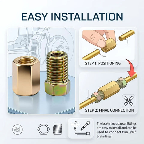 Brake Line Fittings Kit With 3/8-24 Thread, 3/16 Inch Union And Nut Set For Inverted And Double Flare, Universal Auto Brake Line Hardware For Quick DIY Friendly Install, Durable 24 Piece Car Maintenance And Repair Kit. Brass 3/16 brake line union and nut with easy installation steps