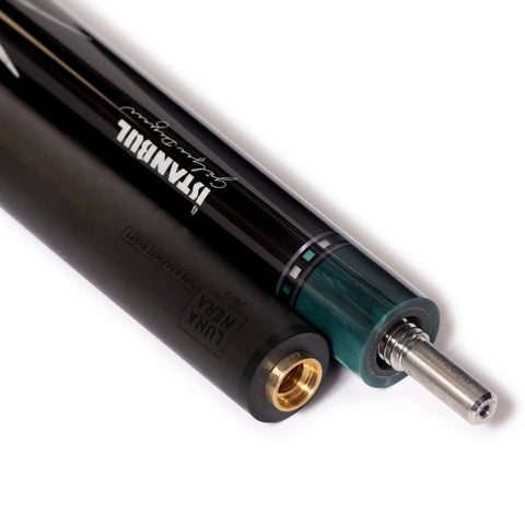 Istanbul 3 Cushion Carom Cue W/Luna Nera Fe71 Shaft showing graphite material and titanium joint close-up