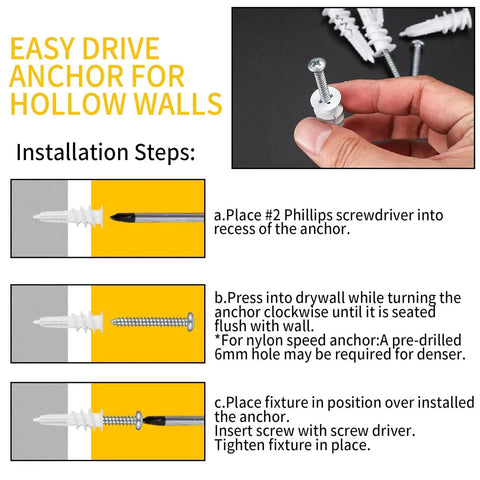 100 Pcs Plastic Self Drilling Drywall Anchors And Tapping Screws Kit For Gypsum Board Hollow Wall Anchors 15x33mm nylon anchor installation steps