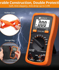 Auto Ranging Pocket Digital Multimeter For Diyers with backlit LCD and rubber case, shown with storage bag, 2000 counts