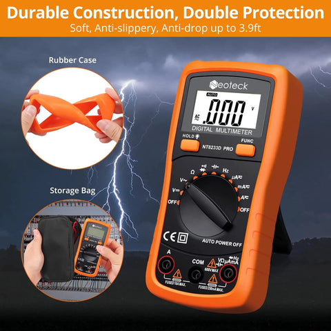 Auto Ranging Pocket Digital Multimeter For Diyers with backlit LCD and rubber case, shown with storage bag, 2000 counts