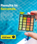Hand holding the Top Shelf 6 In 1 Pool Water Test Kit For Swimming Pools And Hot Tubs Spot On Reads for quick results in water testing.
