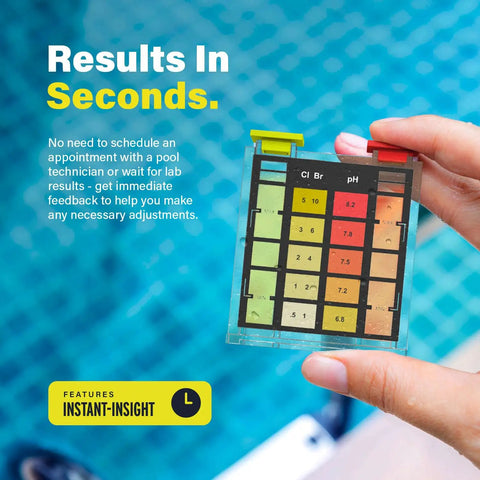 Hand holding the Top Shelf 6 In 1 Pool Water Test Kit For Swimming Pools And Hot Tubs Spot On Reads for quick results in water testing.
