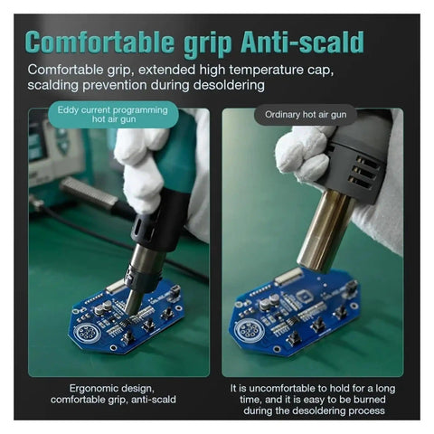 Pro Grade Soldering Iron Station And Hot Air Rework Tool 1500W With Digital Display Lead Free for Phone PCB Repair in use.