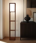 Maxwell Dope Modern Shelf Floor Lamp With Shade And Warm White LED Bulb, corner display Havana Brown finish in living room setting.