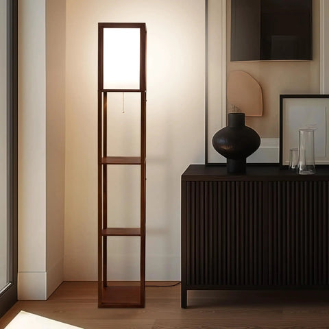 Maxwell Dope Modern Shelf Floor Lamp With Shade And Warm White LED Bulb, corner display Havana Brown finish in living room setting.
