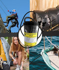 Collage showing 36 Inch Bungee Cord With Carabiner Set Of 6 used for camping, biking, climbing, and boating with heavy-duty straps.