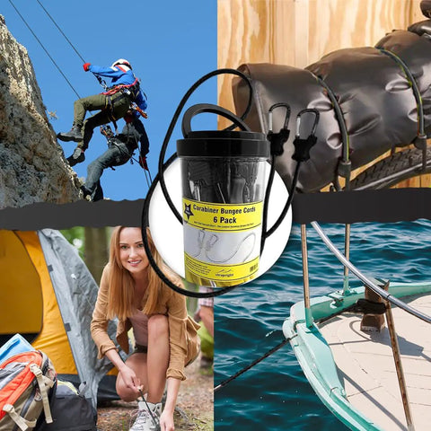 Collage showing 36 Inch Bungee Cord With Carabiner Set Of 6 used for camping, biking, climbing, and boating with heavy-duty straps.
