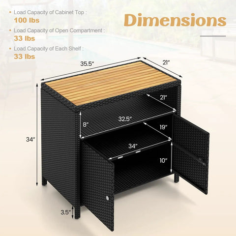 Dimensions of Outdoor Rattan Storage Cabinet With Acacia Wood Countertop Weatherproof Two Door Wicker Sideboard Open Shelf
